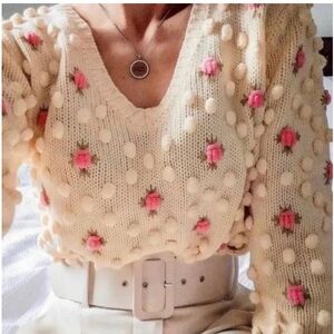 Zara Floral Embroidered Pom Pom Vneck Sweater